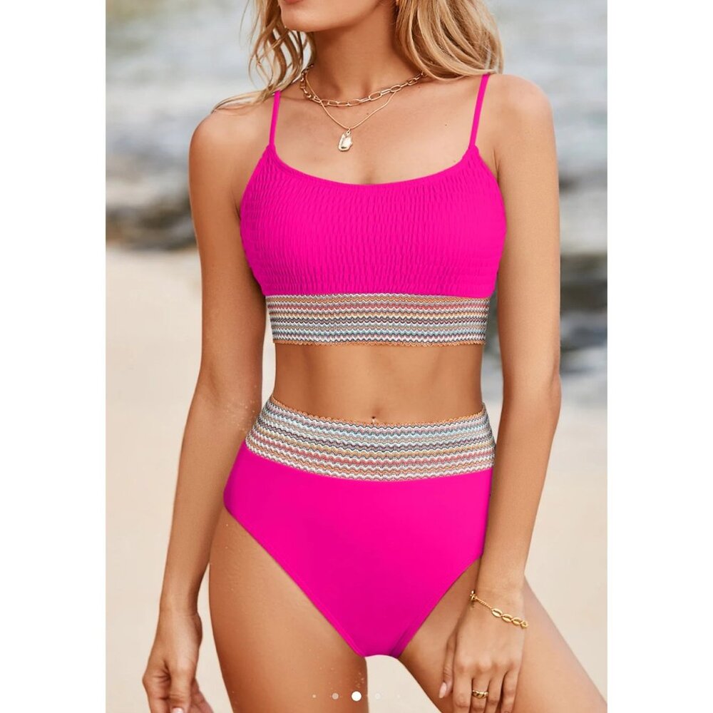 NWOT.Pink Striped Patchwork Spaghetti Strap High Waist Bikini Swimsuit Size L‎